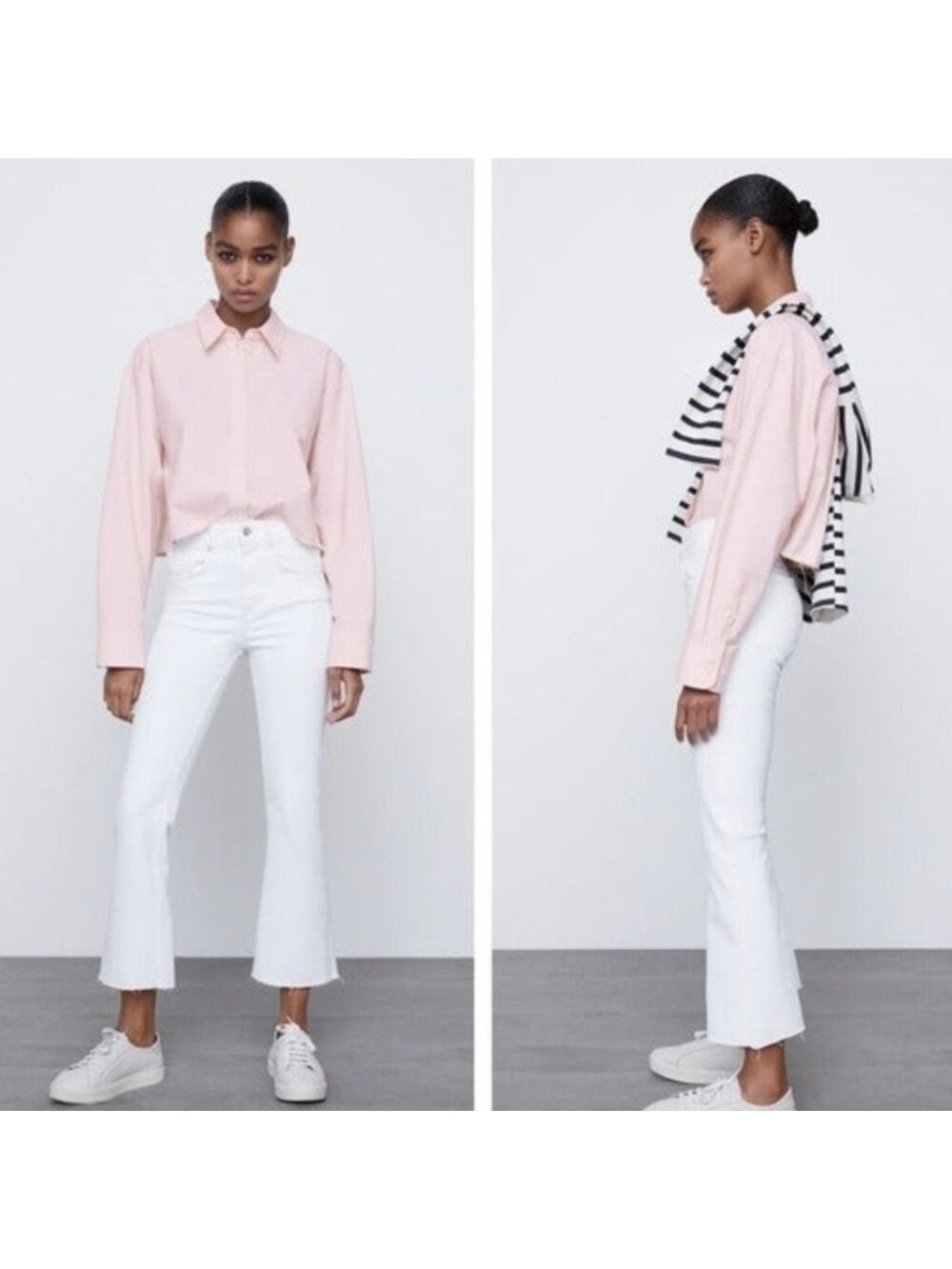NWT Zara Mid Rise Cropped Flare Raw Hem Jeans in Oyster White, Size 00